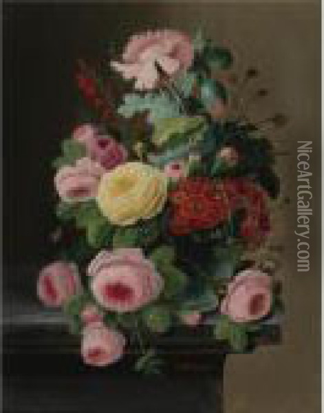Still Life Of Flowers, Mainly Roses Oil Painting - Severin Roesen
