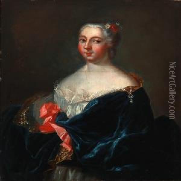Portrait Of A Noble Woman In A White Dress With Blue Velvet Robe Oil Painting - Antoine Pesne