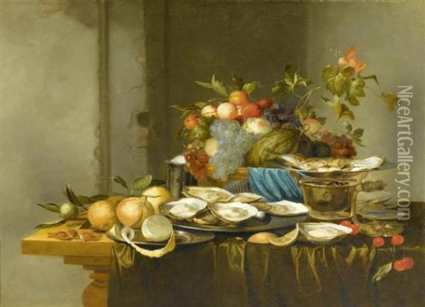 Still Life With Fruits And Oysters On A Table Oil Painting - Heem De Jan Davidsz & Studio