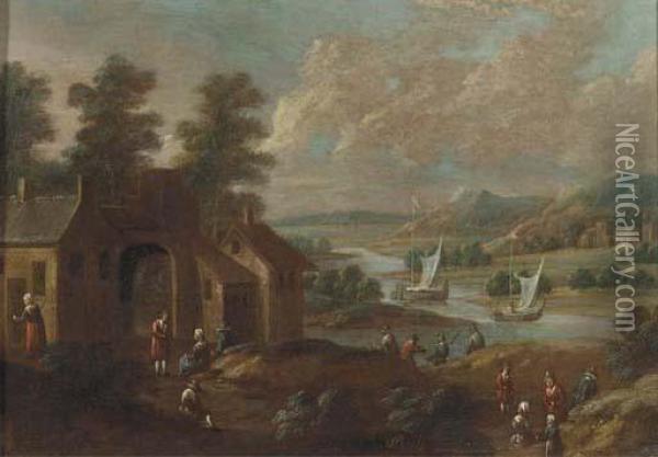 An Extensive River Landscape With Figures By A Village Oil Painting - Marc Baets