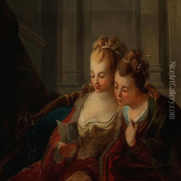 Mother And Daughter Studying A Ball Card Oil Painting - Watteau, Jean Antoine