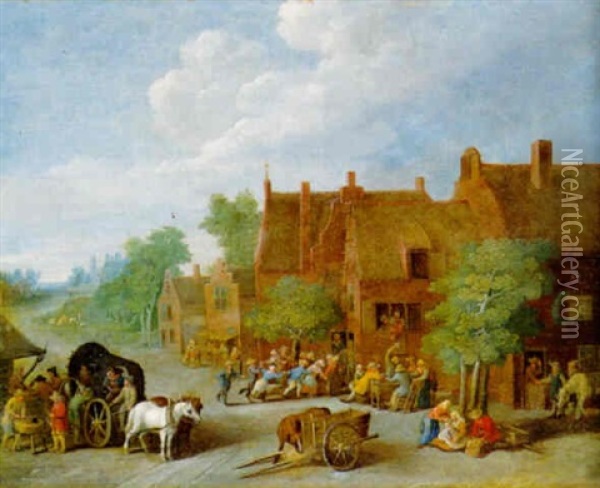 A Village Street With Peasants Carousing And A Wagon At A Stall Oil Painting - Peter Gysels