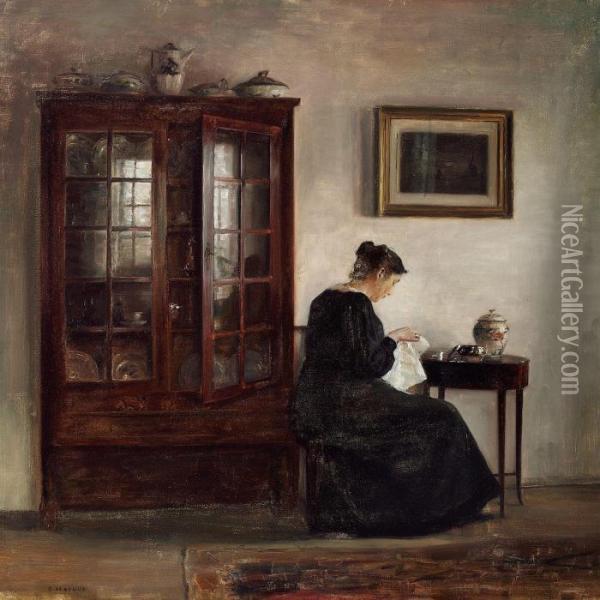 Interior With A Woman At Her Needlework Oil Painting - Carl Vilhelm Holsoe