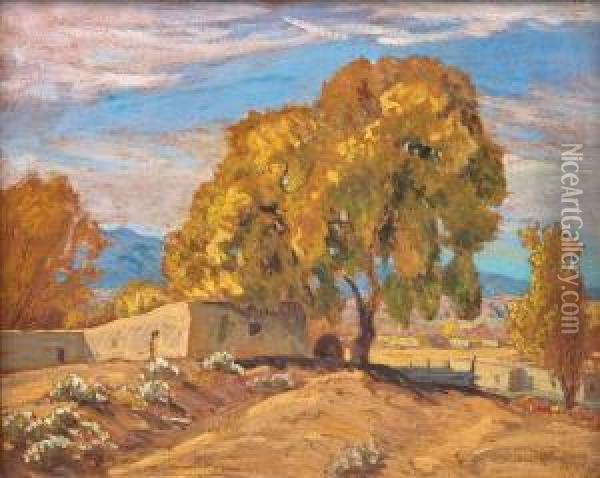 New Mexico Adobe With Large Tree In Foreground Oil Painting - Sheldon Parsons