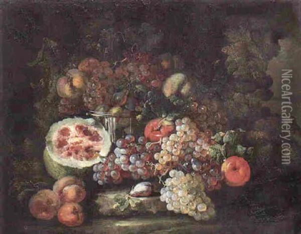 A Still Life Of Fruit On A Rocky Ledge Oil Painting - Abraham Brueghel