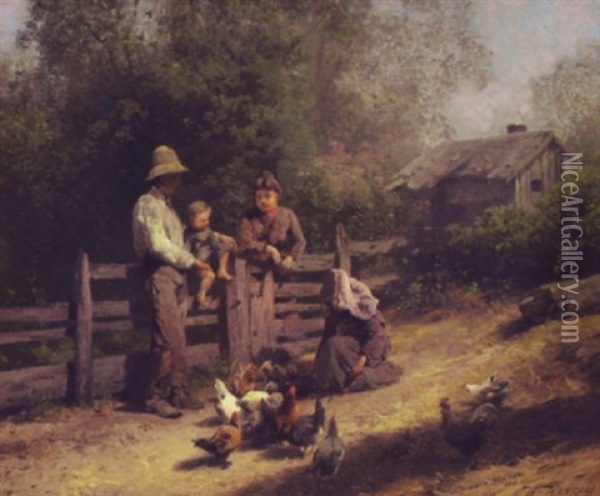 Chicken Yard Near Adams Brook (pike County) Oil Painting - Hermann Herzog