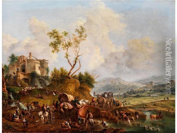 Sudliche Landschaft Mit Ruinen Undzahlreicher Figurenstaffage Oil Painting - Johann Christian Brand