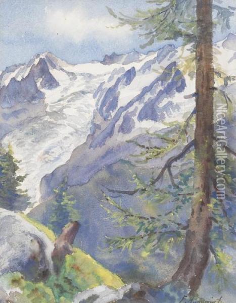 Sommerliche Alp Mit Gletscherpartie Oil Painting - Fritz Edouard Huguenin-Lassauguette