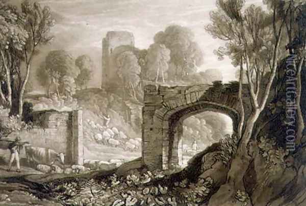 East Gate, Winchelsea, from the Liber Studiorum, engraved by Samuel William Reynolds, 1819 Oil Painting - Joseph Mallord William Turner
