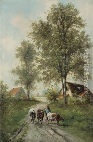 Berger Aux Vaches Pres D'un Village Oil Painting - Paul Schouten