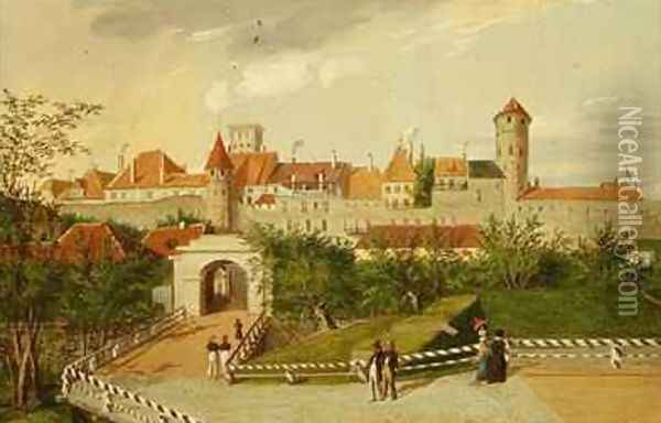 A View of the Small Coast Gate with Hattorpe and Stolting Towers Tallinn Oil Painting - Johannes Hau