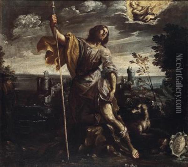 Saint Roch In A Landscape Oil Painting - Giovanni Andrea Donducci (see MASTELLETTA)