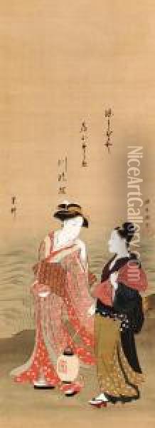 Geisha And Attendant By A River Oil Painting - Katsukawa Shuncho