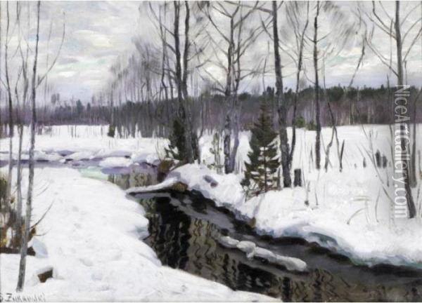 Winter Landscape With Stream Oil Painting - Stanislaw Zukowski