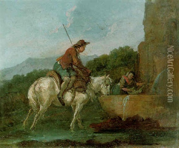 A Traveller At A Fountain In A Wooded Landscape Oil Painting - Francesco Giuseppe Casanova