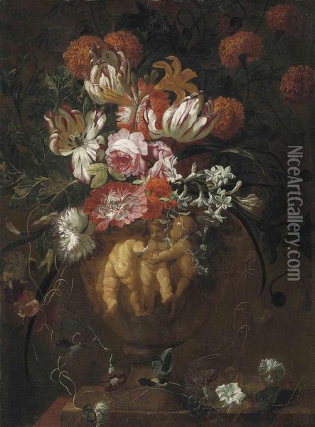Ii Roses, Tulips And Other Flowers In A Sculpted Urn With Putti Oil Painting - Jan-baptist Bosschaert