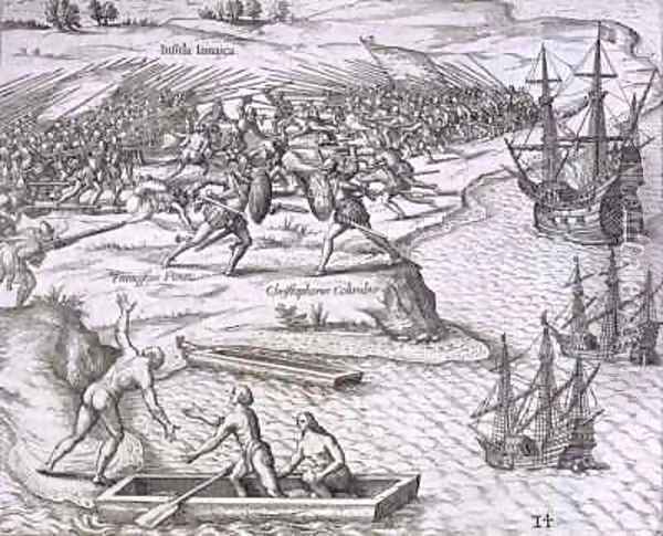 Battle in Jamaica between Christopher Columbus (1451-1506) and Francisco Poraz Oil Painting - Theodore de Bry