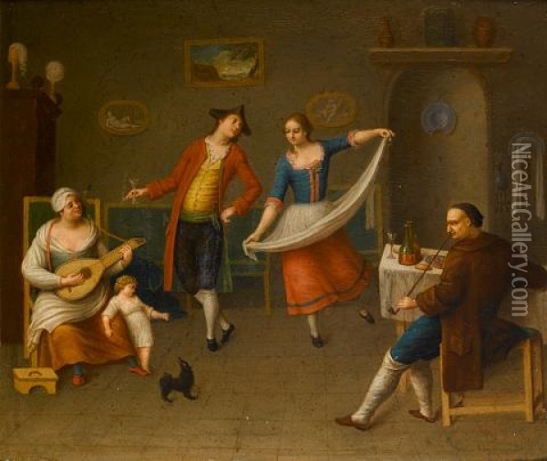 An Interior With Figures Dancing, Drinking And Smoking Oil Painting - Pietro Fabris