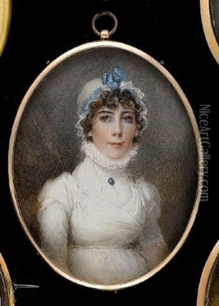 A Lady, Wearing White Dress With Pie-crust Collar, A Brooch Set With A Blue Stone Pinned At Her Throat Oil Painting - Anne Mee