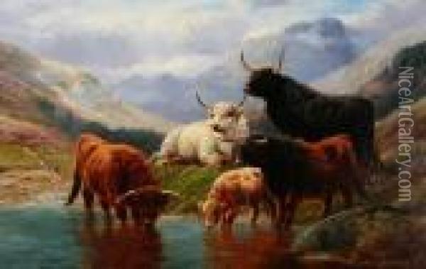 Highland Cattle Watering By A Loch Side Oil Painting - Robert Watson