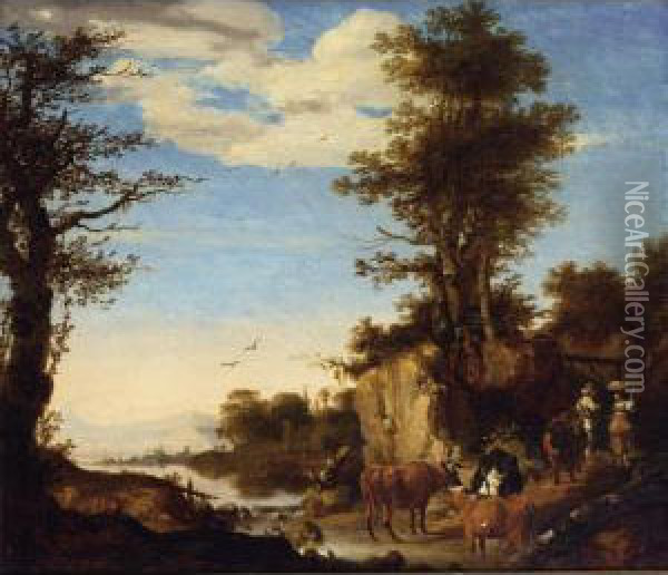 A River Landscape With A Shepherd With His Herd On A Path Conversing With A Woman Oil Painting - Arie de Vois