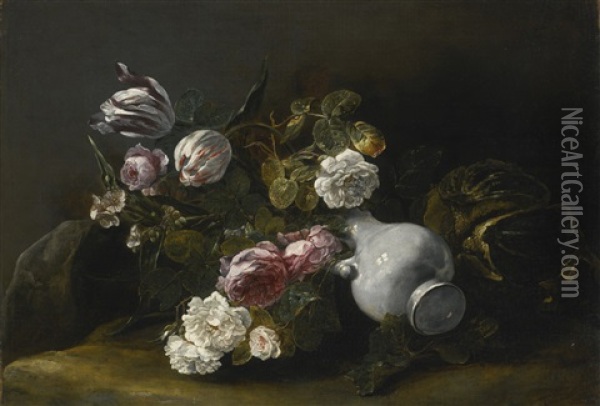 Still Life Of Flowers And An Overturned Jug Oil Painting - Jan Fyt