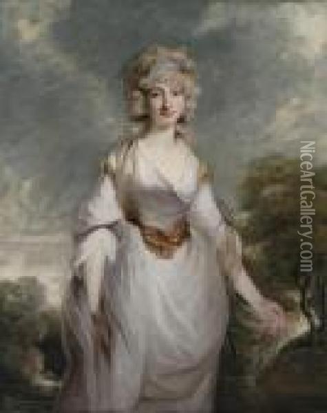 Portrait Of Lady Almeria 
Carpenter (1752-1809),three-quarter-length, In A White Dress With A 
Chiffon Shawl, In Alandscape Oil Painting - Richard Cosway