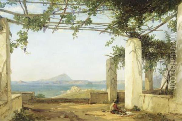 Under The Vines: View On The Bay Of Naples With The Castle Of Ischia Oil Painting - William Clarkson Stanfield