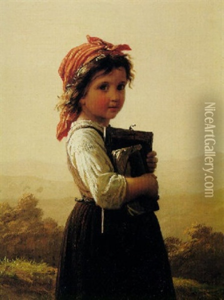 A Little Schoolgirl Oil Painting - Johann Georg Meyer von Bremen