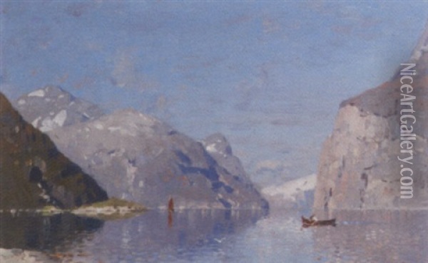Crossing The Fjord On A Summer's Day Oil Painting - Georg Anton Rasmussen