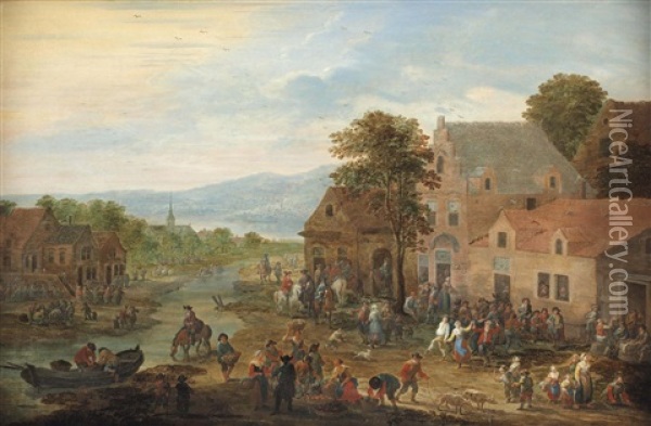 A Townscape With Fruit Vendors, Horsemen And Villagers Making Merry Oil Painting - Mathys Schoevaerdts