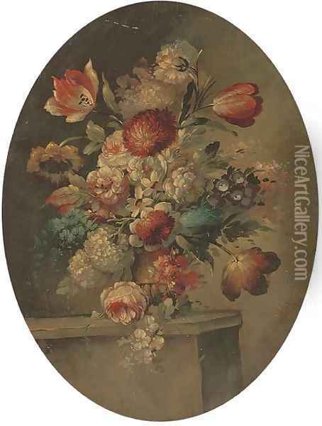 Parrot tulips, roses, chrysanthemums and other flowers in a vase on a stone ledge Oil Painting - dei Fiori (Nuzzi) Mario