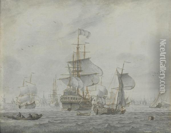 Shipping In A Light Breeze; Shipping In A Gusty Breeze Oil Painting - Cornelis Boumeester