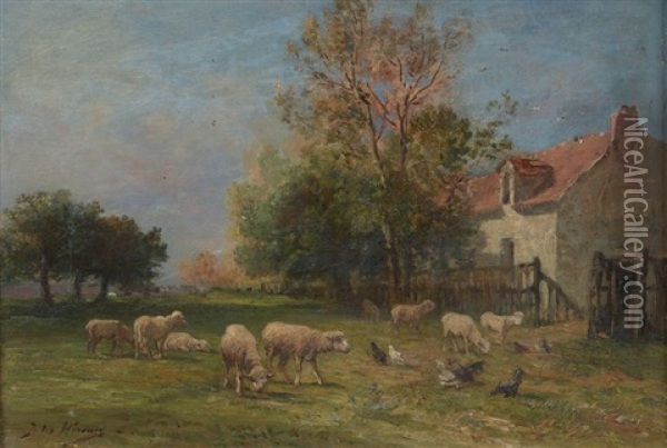 Moutons Et Poules Oil Painting - Jules Hereau