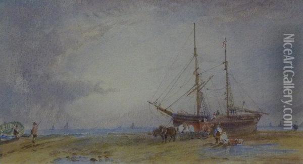Beached Sailing Vessels Sandsend Near Whitby Oil Painting - George Weatherill