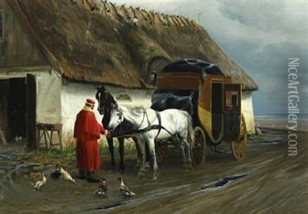A Post Coach Halting By A Farm Oil Painting - Simon Simonsen