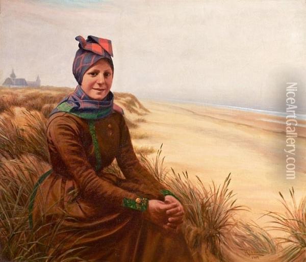 Girl By The Beach, Wearing The Traditional Fanoe Dress. Signed Riber 1912 Oil Painting - Peder Riber