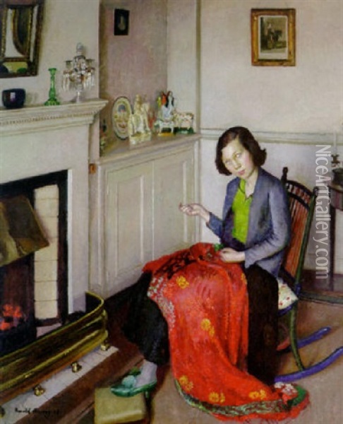 The Red Silk Shawl Oil Painting - Harold Harvey