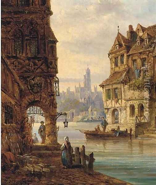 Street sellers at the quay, a Continental town Oil Painting - Felice A. Rezia
