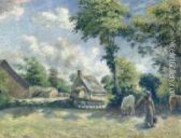Paysage A Melleray, Femme Donnant A Boire A Des Chevaux Oil Painting - Camille Pissarro