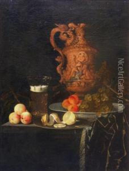 Stilllife Of Fruit, Pottery Oil Painting - Johann Georg (also Hintz, Hainz, Heintz) Hinz