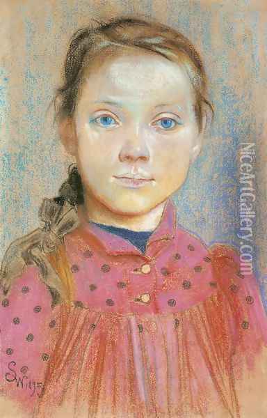 Portrait of a Girl in a Red Dress I Oil Painting - Stanislaw Wyspianski