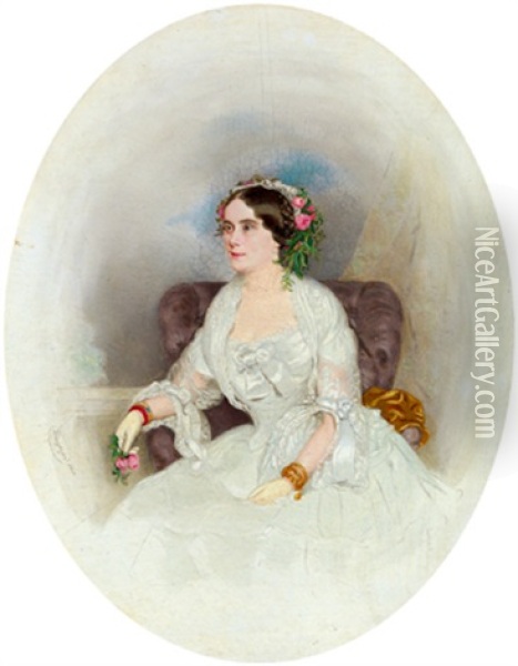Sitzende Dame In Weisem Kleid Mit Einer Roten Blume In Der Rechten Hand Oil Painting - August Prinzhofer