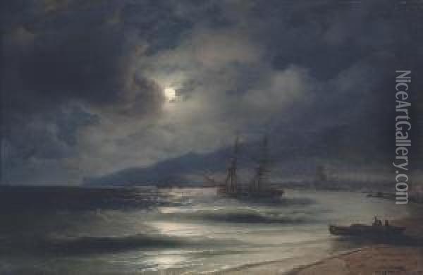 On The Coast At Night Oil Painting - Ivan Konstantinovich Aivazovsky