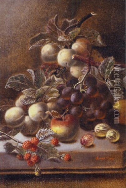 A Still Life Of Mixed Fruit On A Ledge Oil Painting - Oliver Clare