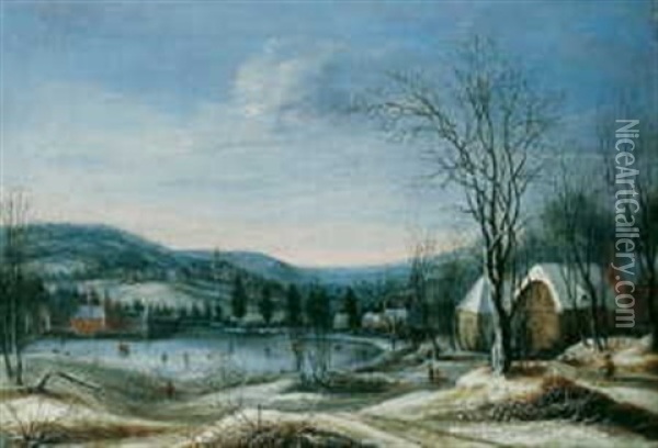 Winterlandschaft Mit Eislaufern Auf Einem Teich Oil Painting - Daniel van Heil