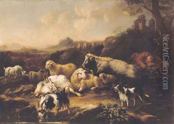 A shepherd resting with sheep, goats, a cow and a dog in an Italianate landscape Oil Painting - Philipp Peter Roos
