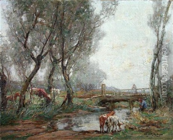 Cattle Watering At A Ford, Villagers On A Bridge Beyond Oil Painting - William Watt Milne