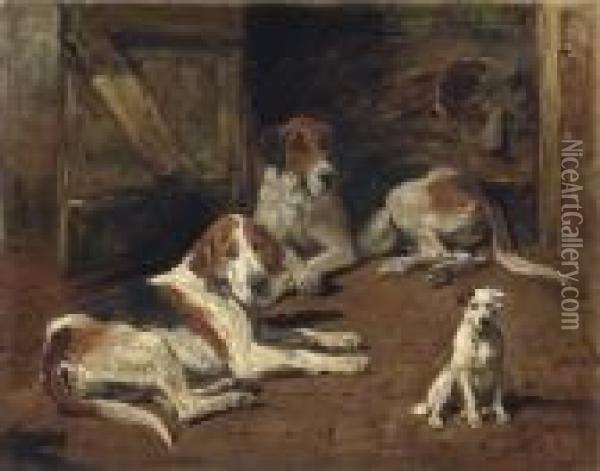 Fox Hounds And A Terrier Oil Painting - John Emms
