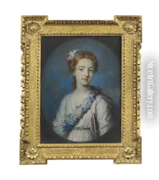 Portrait Of Miss Isobel Or Miss Jane Hume, Half-length, With A Floral Garland Oil Painting - William Hoare